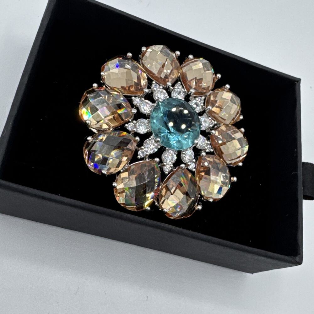 Vintage CWE Sterling Silver 925 Multi-Stone Brooch Pin Aqua Amber Blue CZ 2” - Picture 3 of 10